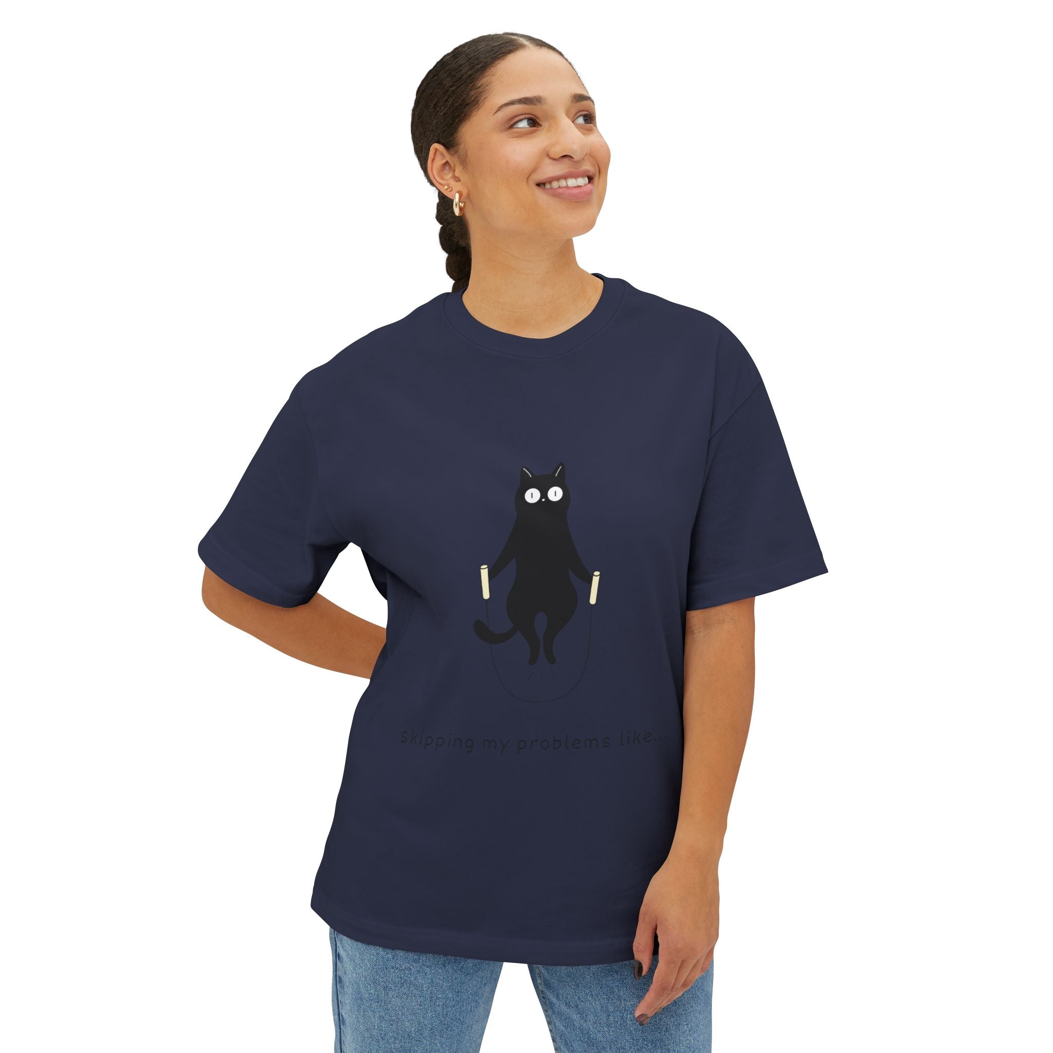Cat Jump Rope T‑Shirt — "Skipping My Problems Like" Cute Cat Graphic Tee