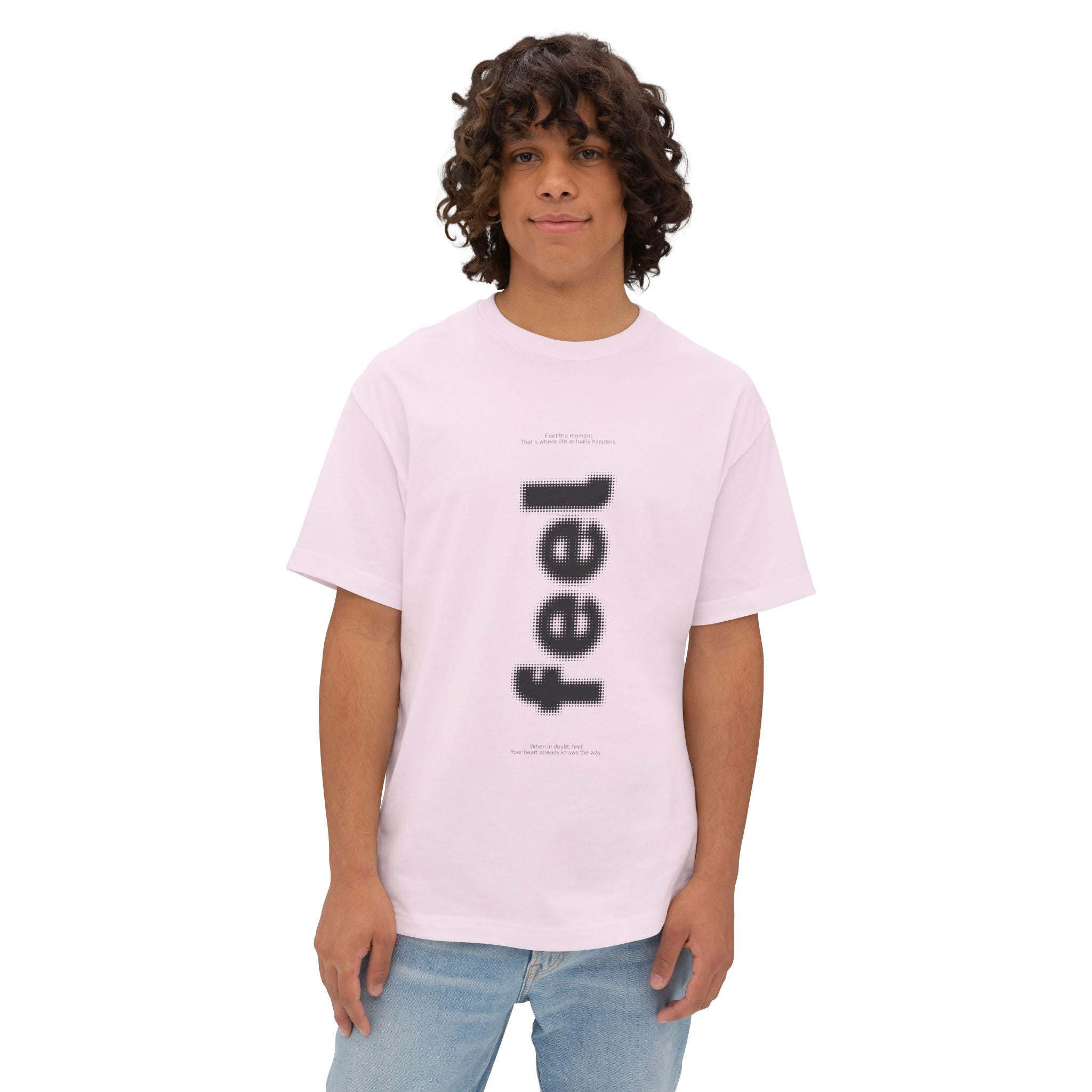 Feel Vertical Graphic Tee — Minimalist White Boxy T-Shirt
