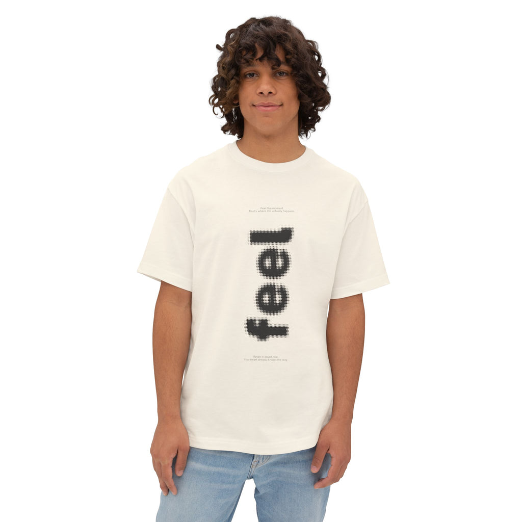Feel Vertical Graphic Tee — Minimalist White Boxy T-Shirt