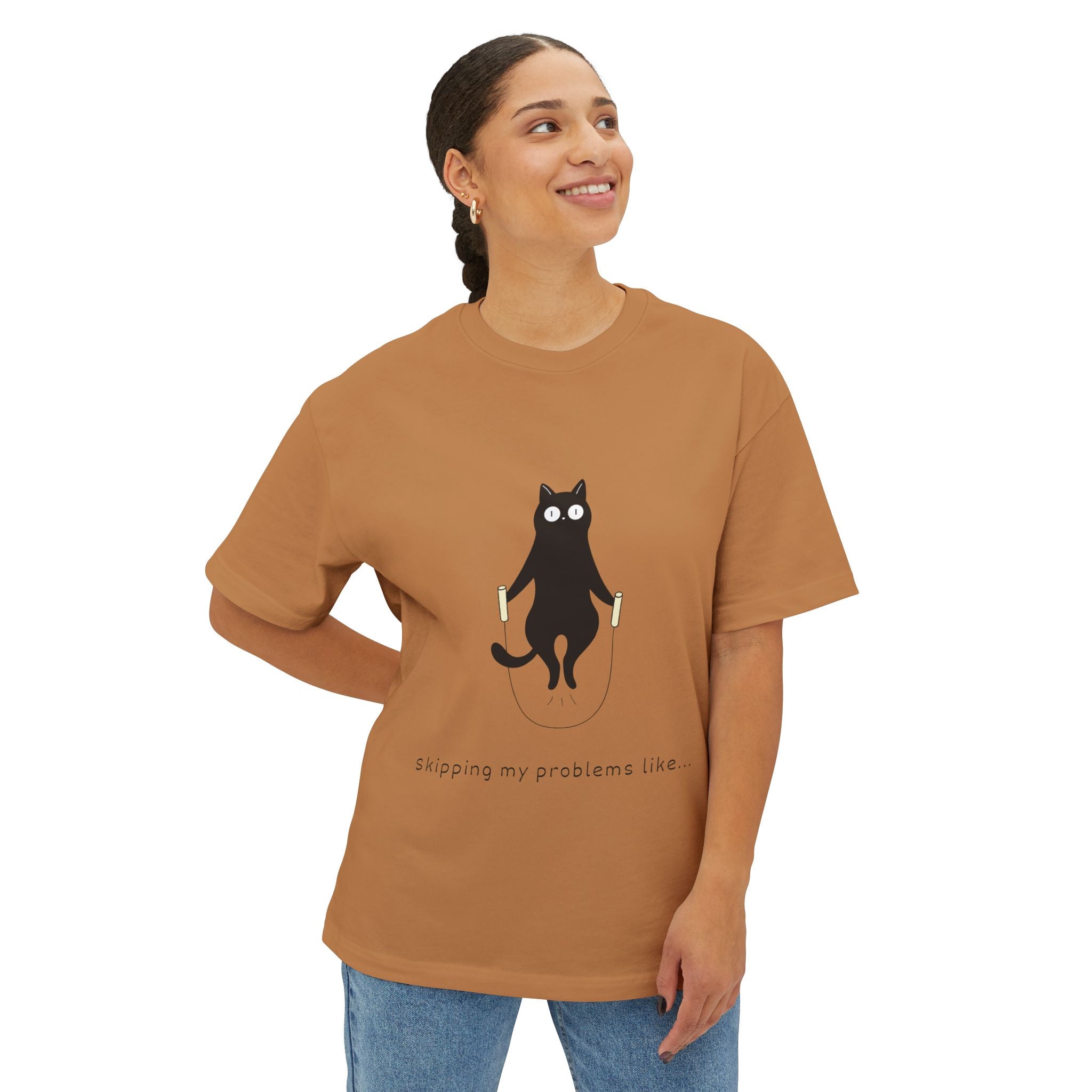Cat Jump Rope T‑Shirt — "Skipping My Problems Like" Cute Cat Graphic Tee - caldrwear.com