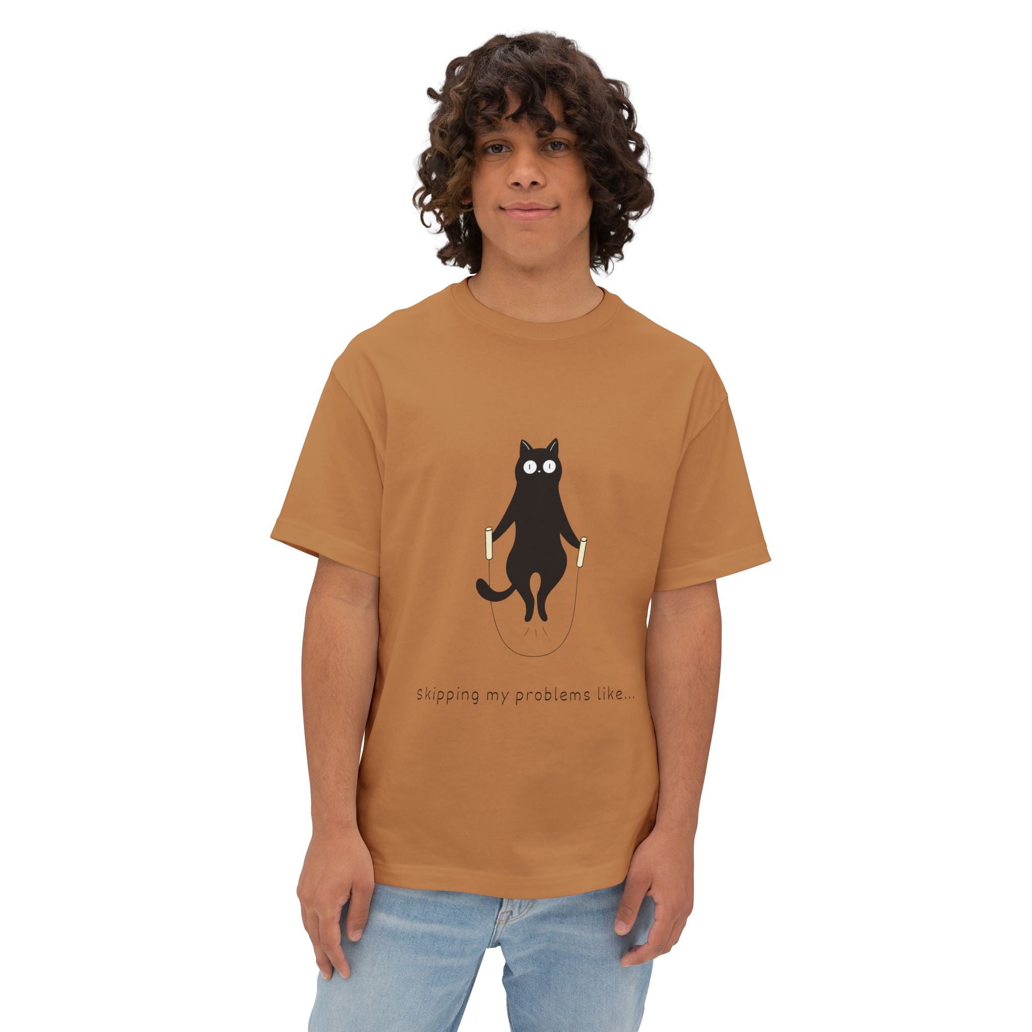 Cat Jump Rope T‑Shirt — "Skipping My Problems Like" Cute Cat Graphic Tee - caldrwear.com