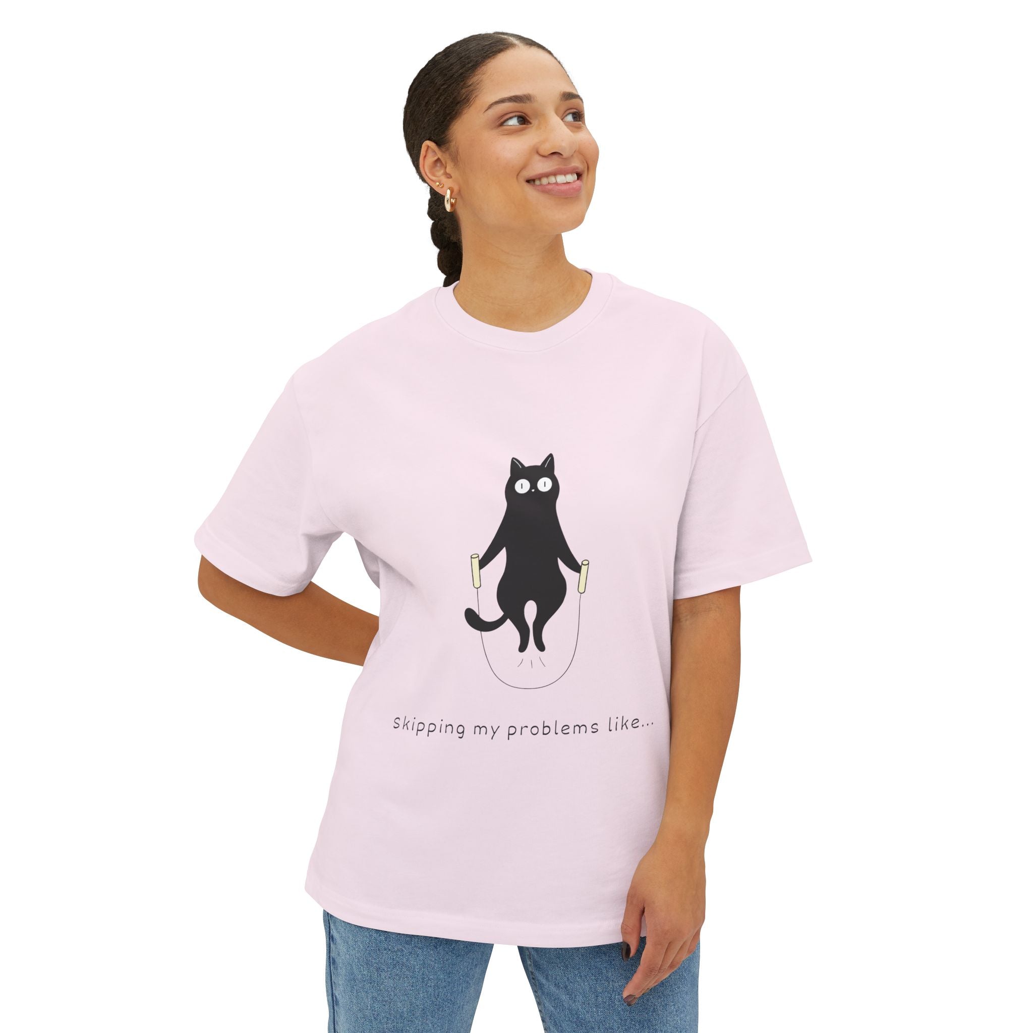 Cat Jump Rope T‑Shirt — "Skipping My Problems Like" Cute Cat Graphic Tee - caldrwear.com