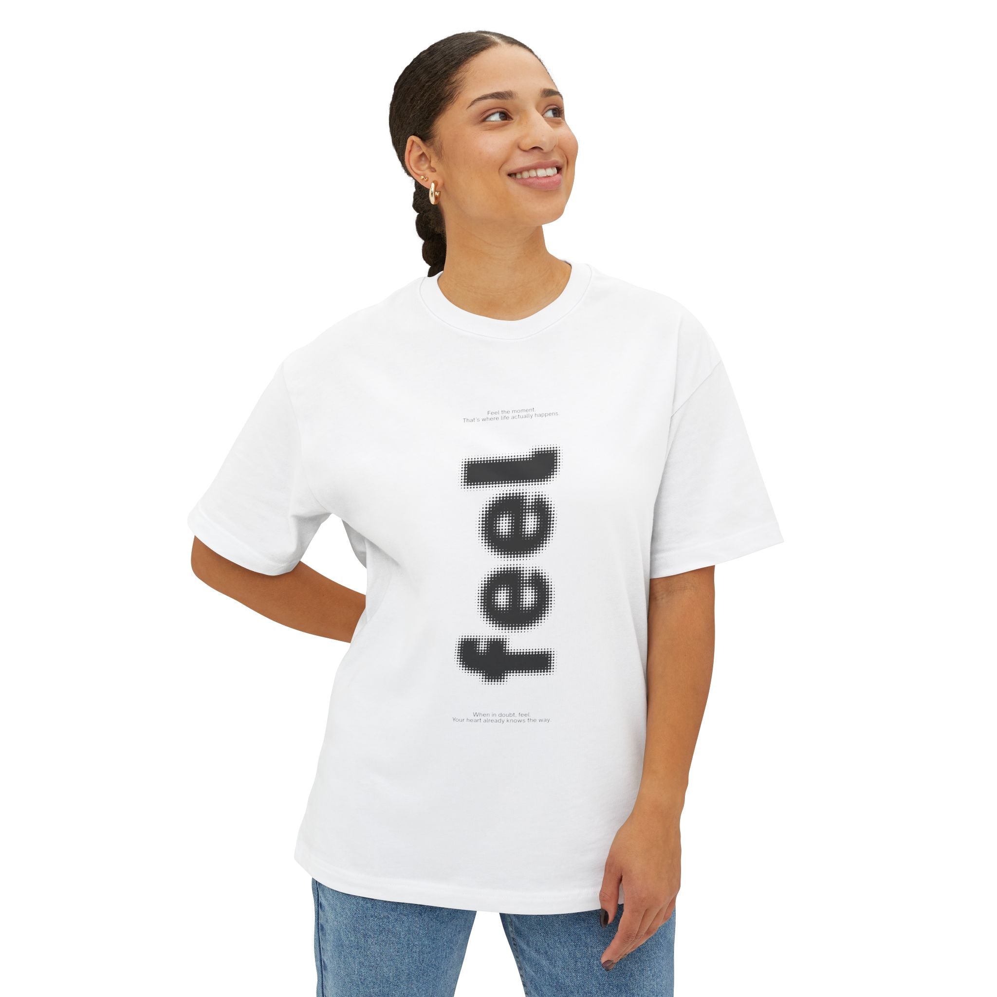 Feel Vertical Graphic Tee — Minimalist White Boxy T-Shirt - caldrwear.com