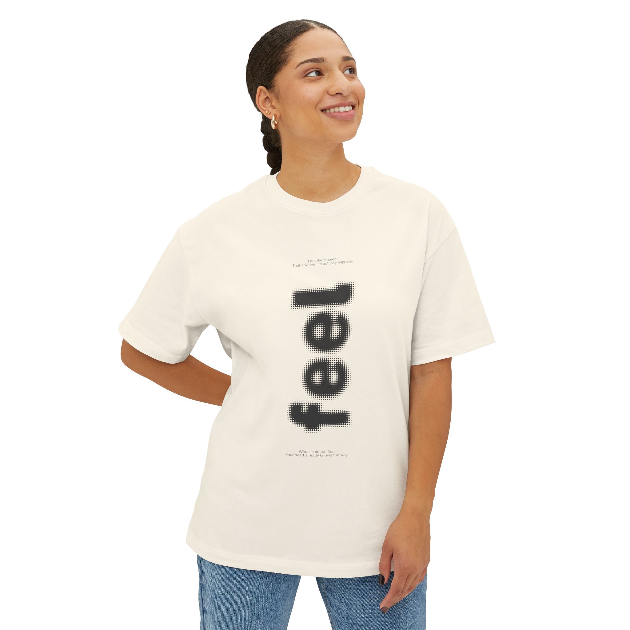 Feel Vertical Graphic Tee — Minimalist White Boxy T-Shirt - caldrwear.com