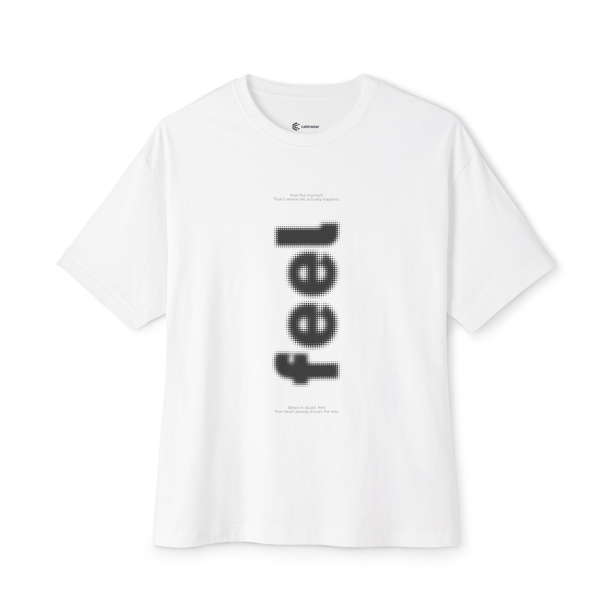 Feel Vertical Graphic Tee — Minimalist White Boxy T-Shirt - caldrwear.com