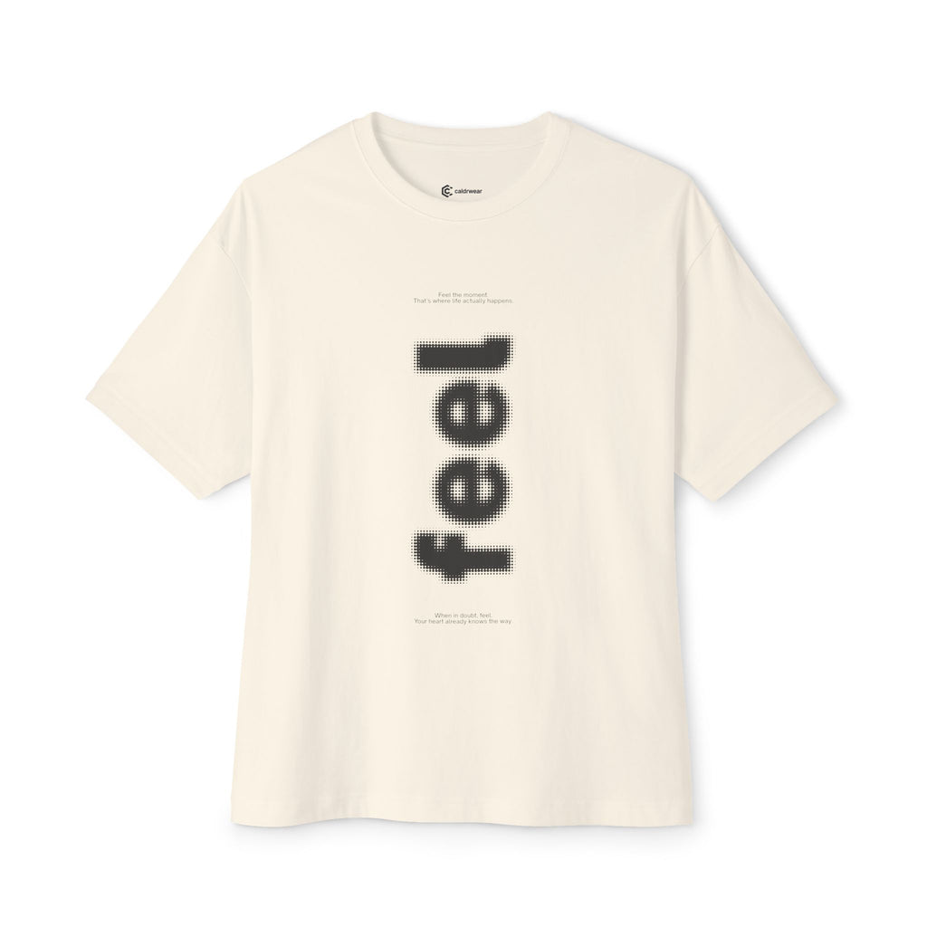 Feel Vertical Graphic Tee — Minimalist White Boxy T-Shirt - caldrwear.com