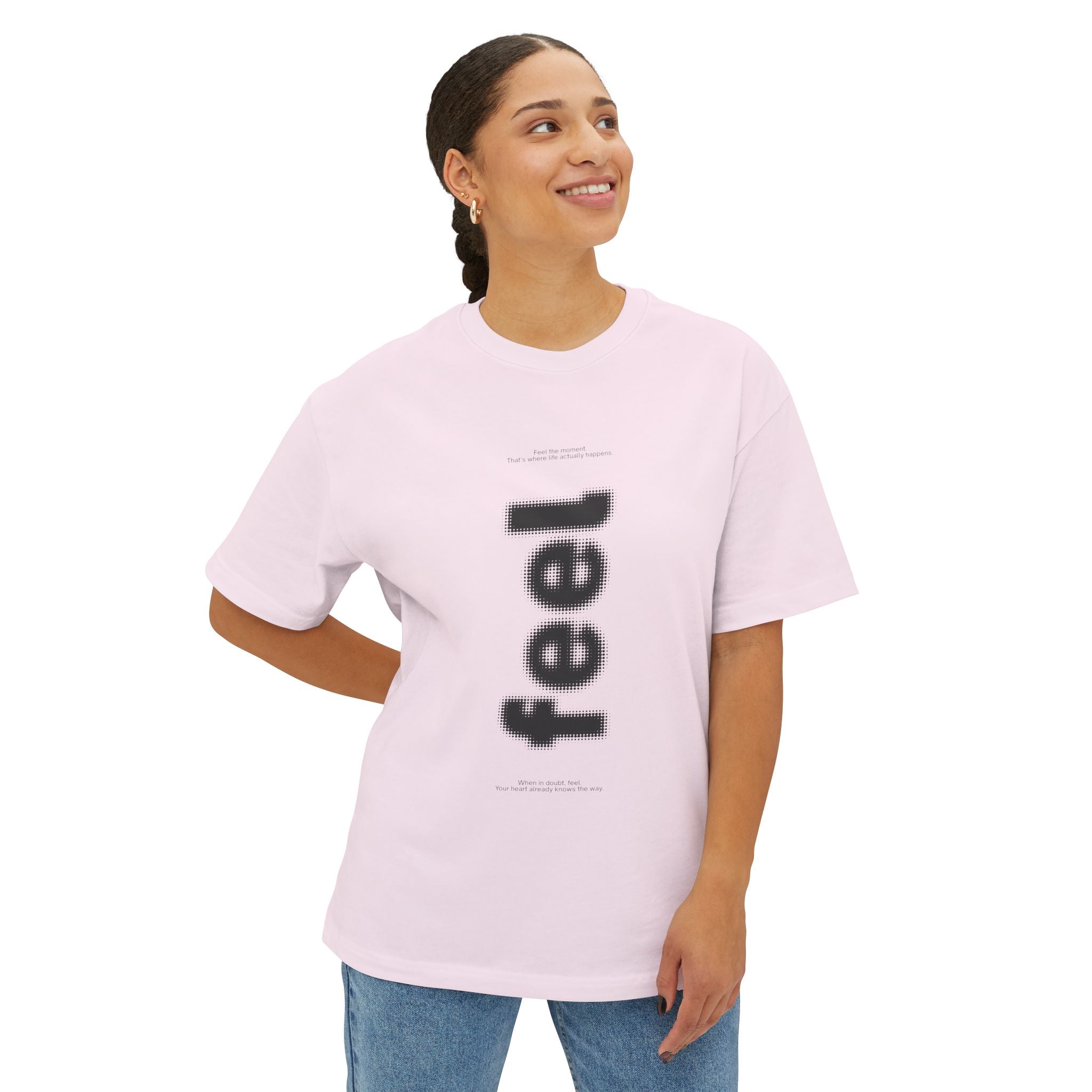 Feel Vertical Graphic Tee — Minimalist White Boxy T-Shirt - caldrwear.com